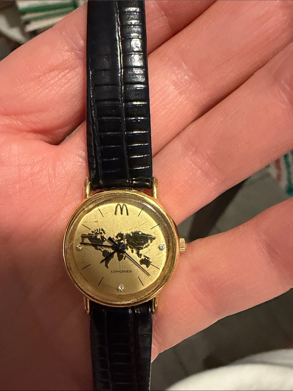 Longines women’s Black and Gold Leather Strap MCDonalds service watch